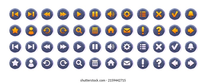 Web or game buttons with stone texture and menu icons. Vector cartoon set of circle rock buttons with signs of search, play, mail, home, arrows, sound, check and cross mark