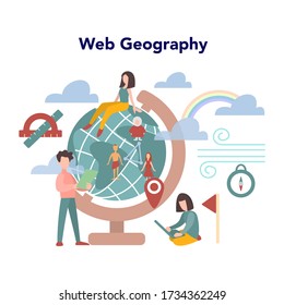 Web geography concept. World GPS navigation and Internet geography. Geography online. Idea of education and knowledge. Isolated vector illustration in flat style