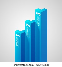 Web geometric infographics with blue vertical straight bars and three options on gray background isolated vector illustration