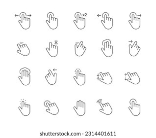 Web gesture hand icons. Simple icons with hand using smartphone, sign fingers touch, click, zoom, rotate, tap display. Touchscreen interface. Vector set. Device with scrolling and dragging movements