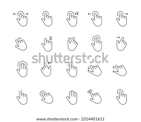 Web gesture hand icons. Simple icons with hand using smartphone, sign fingers touch, click, zoom, rotate, tap display. Touchscreen interface. Vector set. Device with scrolling and dragging movements