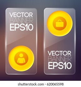 Web glass vertical banners with orange round buttons and business icons isolated vector illustration