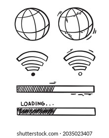 Web global wifi connection doodle sketch illustration. Processing download files. Doodle cartoon black and white monochrome art.