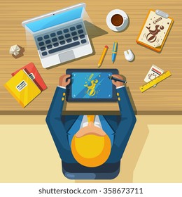Web graphic creative designer inspirational workplace top view flat icon with laptop computer tablet and accessories vector illustration 