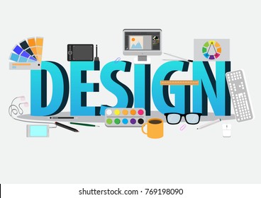 Web or graphic design concept. Lettering word design with design equipment, color, paint, computer, ruler, compasses, pencil, pen vector illustration flat
