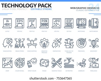 Web and Graphic Design Icons Set. Editable Stroke. Technology outline icons pack. Pixel perfect thin line vector icons for web design and website application.