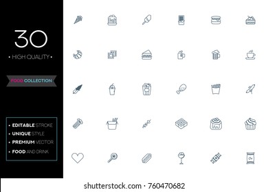 Web and Graphic design icons. Set of 30 Food collection editable stroke