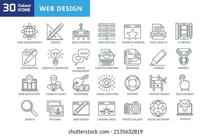 Web and graphic design icons. Vector creative and development icon set with editable stroke