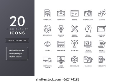 Web and graphic design icons. Vector creative and development icon set with editable stroke
