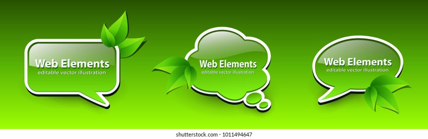 Web-grüne Symbole, Spring-Chat-Blasen mit Blättern, 3D-Vektorgrün-Abzeichen.