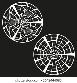 Web grid circles. Abstract radial vector. Black background shape. Symmetry rings.
