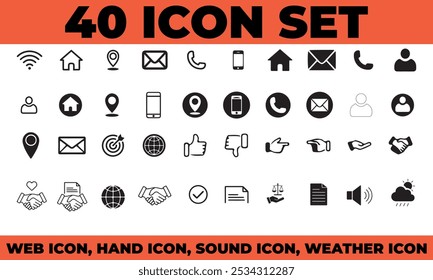 Web and handshake editable stroke outline Icons set. Web, sound, location, call, website, message, email, document, human, man, arrow, champions, wine, icon vector, illustration, contact information