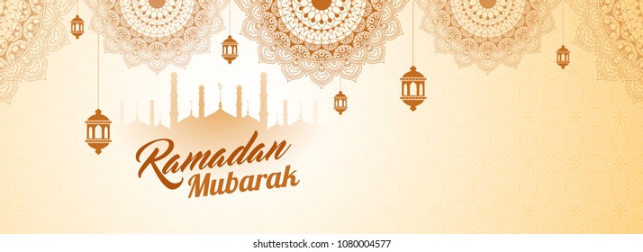 Web header or banner design with mosque silhouette, floral pattern and stylish text Ramadan Mubarak.