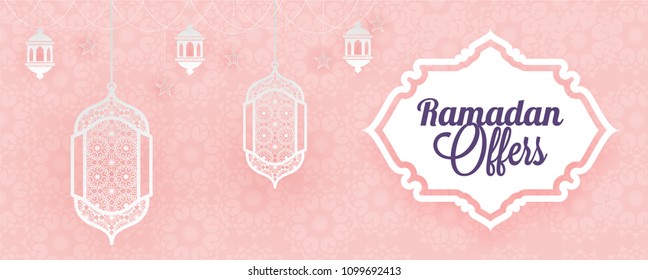 Web header or banner design for Ramadan Offers and hanging paper lanterns. 