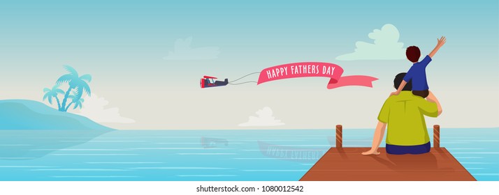 Web header or banner design with a son on his father's shoulder and seeing ocean together. 