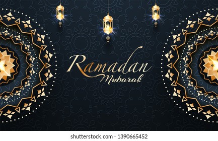 Web header banner or poster design with floral pattern and stylish text of Ramadan Kareem in golden color.