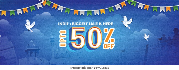 Web header or banner, poster design with sale 50% stylish text design, india Happy Independence Day 15th August 