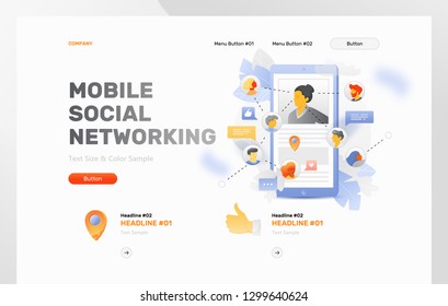 Web header design template of communication via the Internet. A woman on a mobile screen with her social connections, people as avatars.