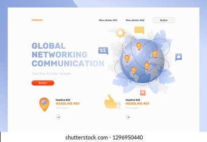 Web header design template of global networking and communication. Globe with map pointers and connection lines.