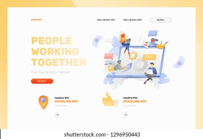 Web header design template of people networking on portables computers over big open laptop. People networking and communication concept.