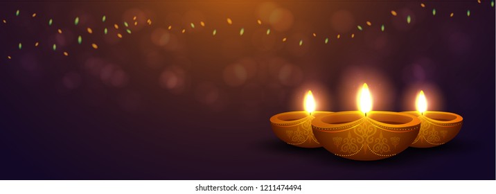 web header illustration of burning diya on happy Diwali for light festival of India,  
