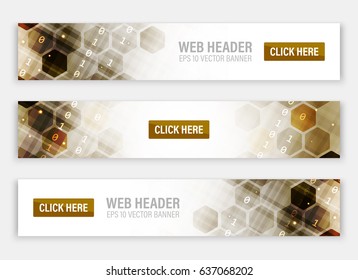 Web header. Set of horizontal vector banners with abstract hexagonal pattern.