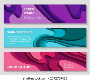 Web headers vector collection with paper cut effect backgrounds. Pink magenta turquoise sea green violet purple wavevs curve shapes patterns. Web headers set.