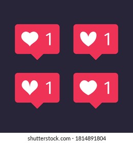Web heart icon notification set.  Social media Like vector sign. Red bubble notification icons set for websites,blog, interfaces. EPS 10.