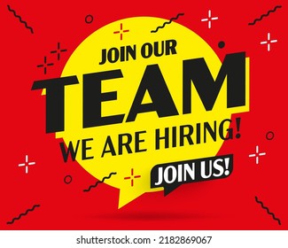 Web hiring info banner template. Join our team, join us, hiring lettering headline design in speech bubble vector illustration. Marketing announcement message about job candidate employment