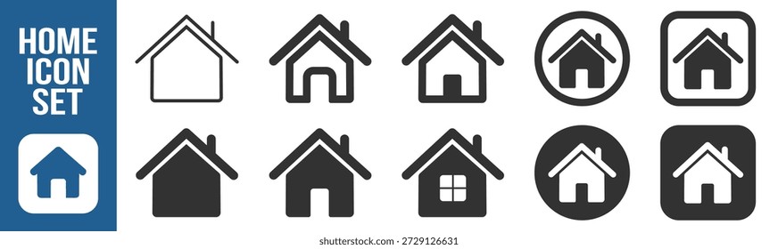 Web home icon for apps and websites, house icon set, main page navigation button in filled and outline styles, modern UI symbol on transparent background
