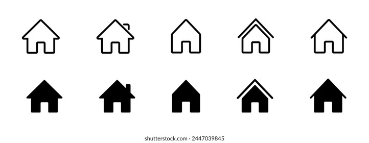 Web home icon set for websites and apps. Simple house symbol. Flat real estate sign. Main page pictogram in filled, thin line, outline and stroke style. Isolated illustration.