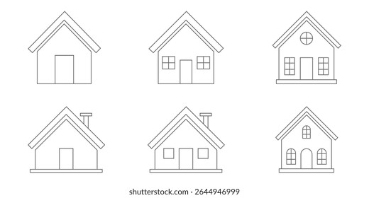 Web home icon set for websites and apps. Simple house symbol. Flat real estate sign. Main page pictogram in filled, thin line, outline and stroke style.  Outline symbol collection. Editable stroke. 