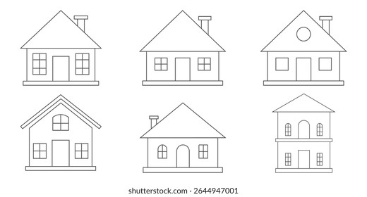 Web home icon set for websites and apps. Simple house symbol. Flat real estate sign. Main page pictogram in filled, thin line, outline and stroke style.  Outline symbol collection. Editable stroke. 
