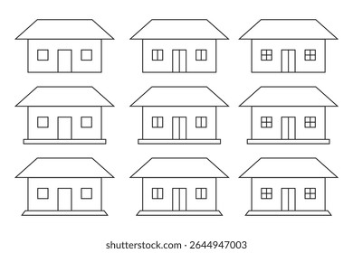 Web home icon set for websites and apps. Simple house symbol. Flat real estate sign. Main page pictogram in filled, thin line, outline and stroke style.  Outline symbol collection. Editable stroke. 