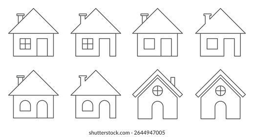 Web home icon set for websites and apps. Simple house symbol. Flat real estate sign. Main page pictogram in filled, thin line, outline and stroke style.  Outline symbol collection. Editable stroke. 