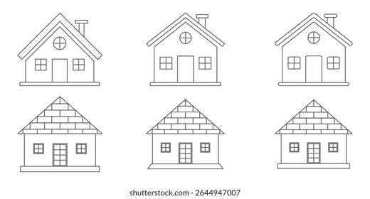 Web home icon set for websites and apps. Simple house symbol. Flat real estate sign. Main page pictogram in filled, thin line, outline and stroke style.  Outline symbol collection. Editable stroke. 