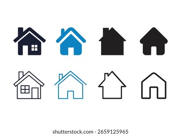 Web home icon set for websites and apps. Simple house symbol. Flat real estate sign. Main page pictogram in filled, thin line, outline and stroke style. Isolated illustration