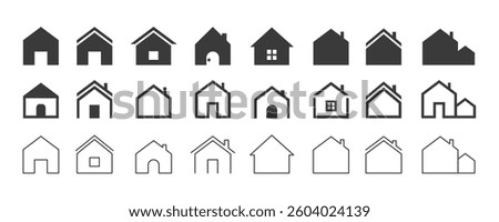 Web home icon set for websites and apps. Simple house symbol. Flat real estate sign. Main page pictogram in filled, thin line, outline and stroke style