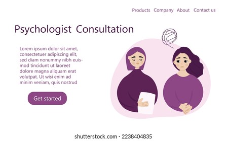 Web homepage for psychologist consultation session. Women anxiety and problems discussion.
