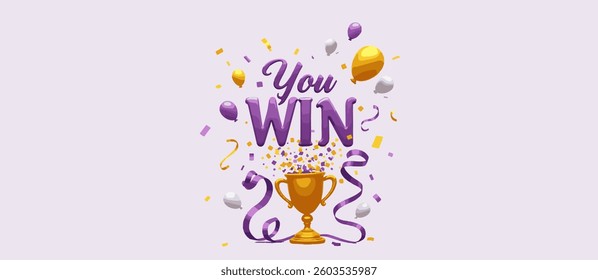 Web Horizontal Banner You Win With Cup Confetti Balloons And Gift Isolated On White In Purple Golden Colors Vector Design