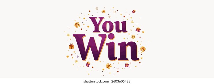 Web Horizontal Banner You Win  Confetti And Gifts Isolated On White In Purple Golden Colors Vector Design