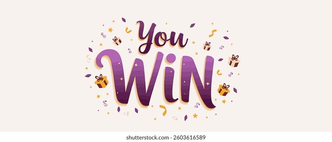 Web Horizontal Banner You Win Sale Confetti And Gifts Isolated On White In Purple Golden Light Colors Vector Design