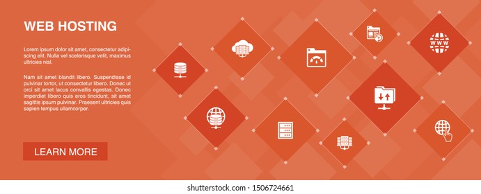 web hosting banner 10 icons concept.Domain Name, Bandwidth, Database, internet icons