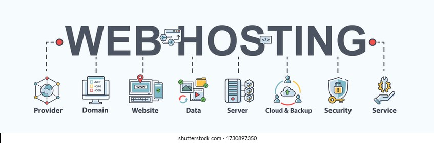 Web hosting banner web icon for business, domain, website, SEO, data, cloud service, backup, support, security and service. Flat cartoon vector infographic.