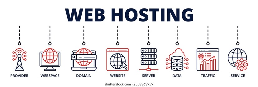 Web hosting banner web icon with contains provider, webspace, domain, server, data, traffic, service