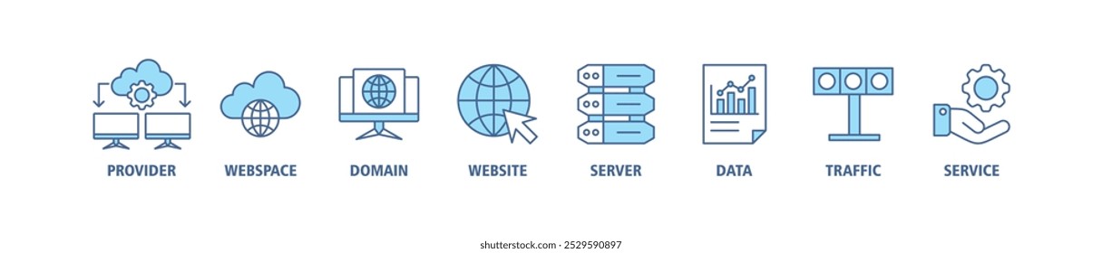 Web que aloja el concepto de Ilustración vectorial del conjunto de iconos del Web del Anuncio con el icono del proveedor, espacio del Web, dominio, Sitio web, servidor, datos, tráfico e iconos del servicio