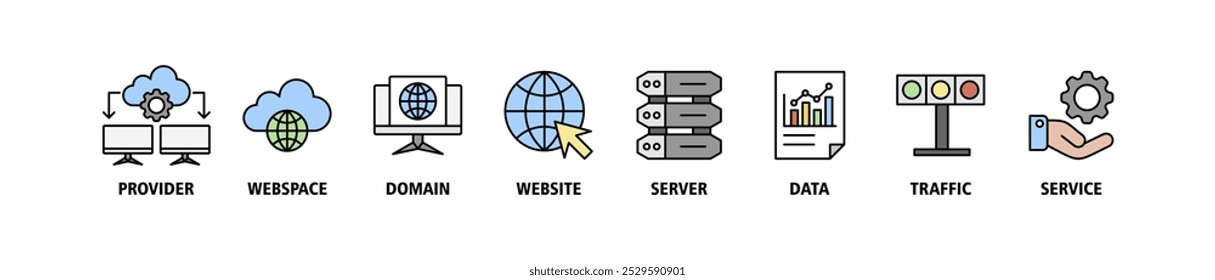 Web que aloja el concepto de Ilustración vectorial del conjunto de iconos del Web del Anuncio con el icono del proveedor, espacio del Web, dominio, Sitio web, servidor, datos, tráfico e iconos del servicio