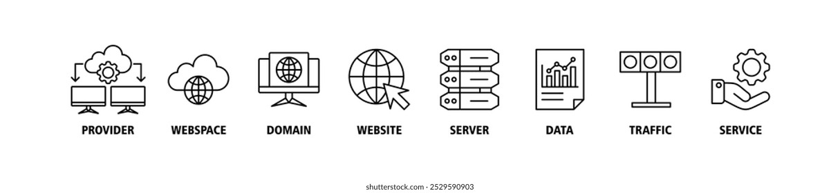 Web que aloja el concepto de Ilustración vectorial del conjunto de iconos del Web del Anuncio con el icono del proveedor, espacio del Web, dominio, Sitio web, servidor, datos, tráfico e iconos del servicio