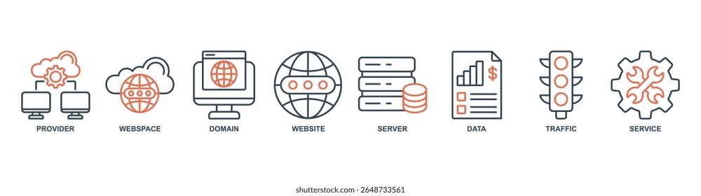Web Hosting banner web icon definir conceito de ilustração vetorial com ícone de provedor, espaço web, domínio, site, servidor, dados, tráfego, serviço