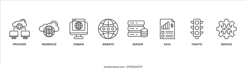 Web Hosting banner web icon sheet vector illustration concept with icon of provider, webspace, domain, website, server, data, traffic, service